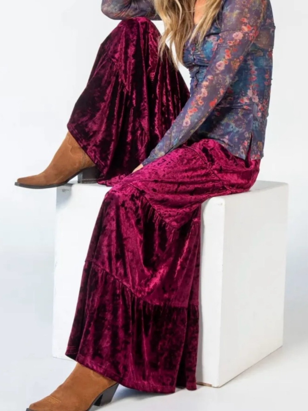 Velvet Tiered yo Maxi Skirt in Deep Wine